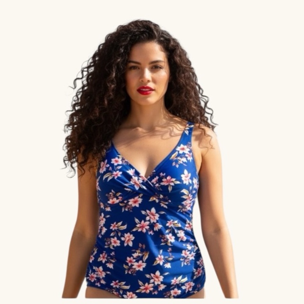 George Blue Pink Floral Twist-Front Underwire Tankini Top Plus Size 2X